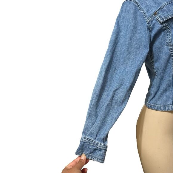 VNTG LIZ CLAIBORNE Y2K FITTED LAYERING CROPPED ZIP UP LONG SLEEVE DENIM JACKET - Picture 2 of 6
